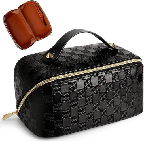 Cessfle Bolsa de maquillaje de viaje, bolsa de maquillaje a cuadros, bolsa de cosméticos de gran capacidad, bolsa de maquillaje paralela, bolsas de
