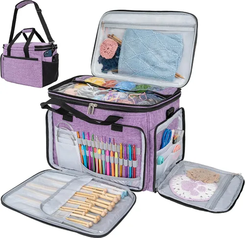 Miniatura 9 de Pavilia Bolsa de tejer - Bolso grande de almacenamiento de hilo, organizador de ganchillo, bolsa de proyectos de punto, gris carbón