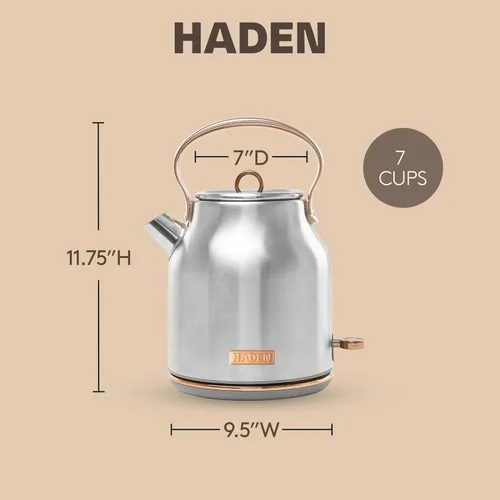Miniatura 4 de Haden Heritage Hervidor de Agua Eléctrico de Acero Inoxidable de 1,7 Litros, Hervidor de Agua Caliente con Base de 360 Grados y Apagado Automático
