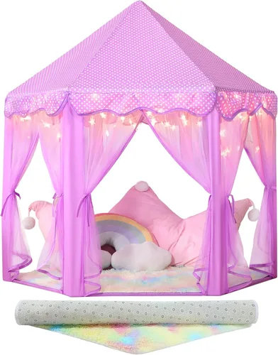 Miniatura 8 de Tienda de campaña de princesa para niñas en interior: con alfombra, luces de estrella, tienda de campaña rosa para niños, juguetes para niñas