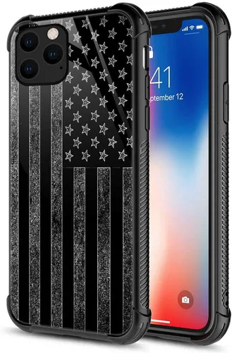 ZHEGAILIAN Funda compatible con iPhone 12 Mini, funda de bandera estadounidense en blanco y negro, parte trasera de vidrio templado + funda
