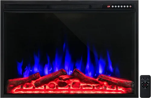 COSTWAY Chimenea eléctrica de 37 pulgadas, calentador de chimenea empotrado y montado en la pared con 4 colores de llama y tronco, velocidad de