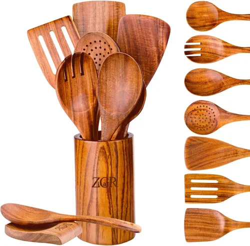 Miniatura 6 de Cucharas de madera para cocinar, utensilios de madera de teca de 6 piezas, juego de utensilios de cocina duraderos resistentes al calor, sin