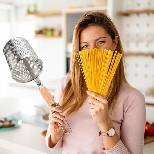 Miniatura 5 de Tessco for you 6 cestas de pasta de acero inoxidable con mango de madera, colador de pasta, colador de malla de cocina, colador de fideos de araña