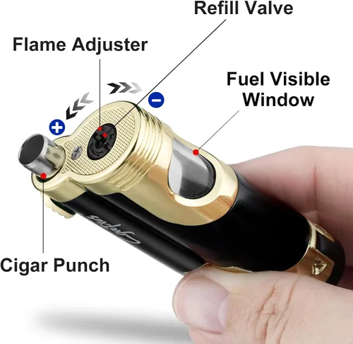 Miniatura 7 de GUEVARA Encendedor de Antorcha de Butano con Punzón a Prueba de Viento de Doble Chorro (Negro-Dorado) Dual jet flame, windproof, butane refillable