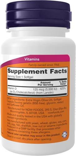 Miniatura 2 de Now Supplements, Vitamina D3 5,000 UI, Alta Potencia, Soporte Estructural*, 30 cápsulas blandas