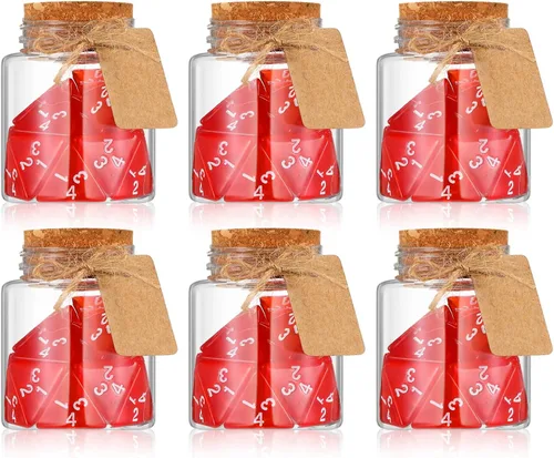 Miniatura 7 de Wettarn 120 dados D4 transparentes rojos D4, 6 botellas de poción curativa, tarros de plástico con tapas de corcho, juego de dados poliédricos