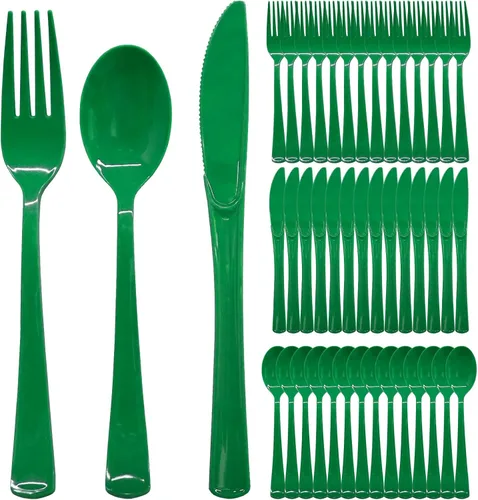 Juego de 300 cubiertos de plástico verde resistente, desechables, incluye 100 tenedores de plástico, 100 cuchillos, 100 cucharas para cumpleaños,