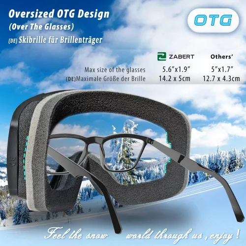Miniatura 4 de Gafas de esquí OTG para usar sobre lentes, gafas de nieve y snowboard, para adultos, hombres, mujeres y jóvenes, antiempañamiento, 100% protección