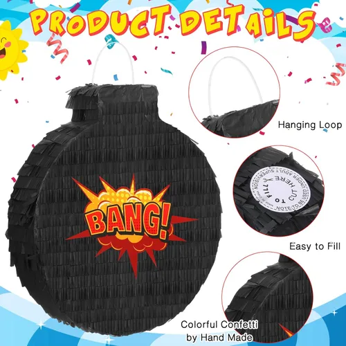 Miniatura 4 de Wettarn Hero Boom Piñata para fiesta de cumpleaños, piñata negra grande con palo para los ojos vendados, confeti, tema de héroe, accesorio de juego