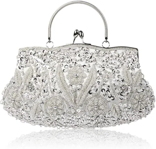 Vistatroy Bolso de noche de diseño floral con cuentas con diseño de lentejuelas vintage cierre de beso bolso de mano de satén bolso de mano para