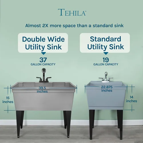 Miniatura 2 de Tehila - Fregadero independiente de doble ancho con patas de acero y grifo extraíble negro, multiusos, resistente para lavandería y fregadero de Gris