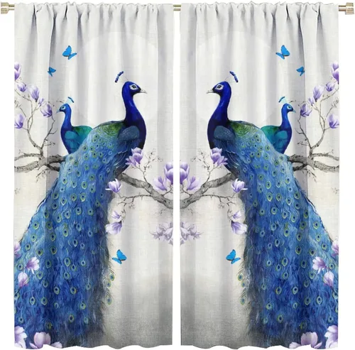 Miniatura 10 de Cortina opaca con estampado de pavo real, con estampado de animales retro, con bolsillo para cortinero y flores de peonía doradas, para dormitorio