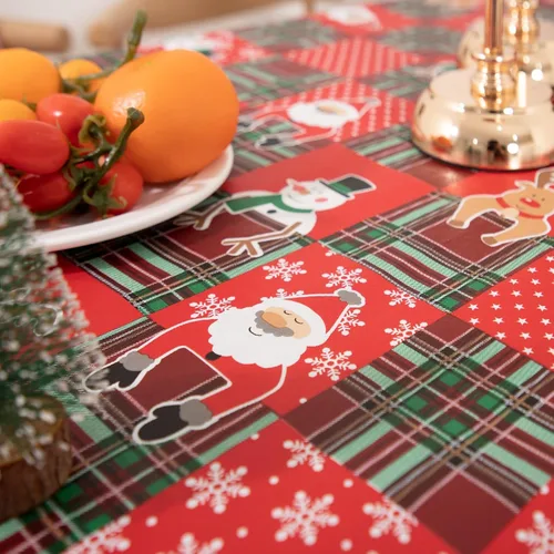 Miniatura 6 de Mantel de vinilo desechable con reverso de franela, impermeable, patrón de copo de nieve y reno (60 pulgadas, 2-4 asientos)