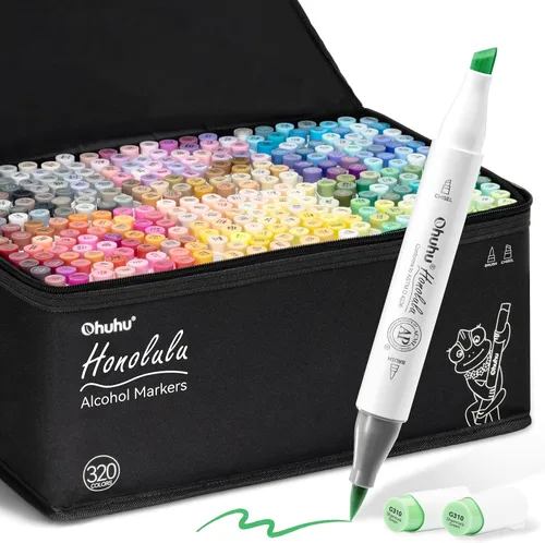 Ohuhu Marcadores de alcohol con punta de pincel – Juego de marcadores de bocetos artísticos de doble punta de 320 colores para artistas y adultos,