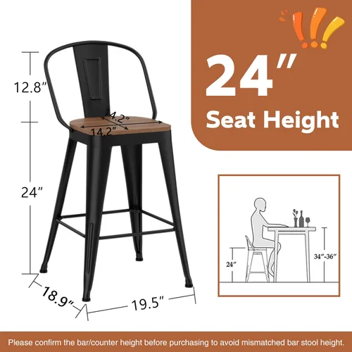 Miniatura 2 de Juego de 4 taburetes de bar de altura de mostrador para isla de cocina, estilo granja, sillas de bar de metal con respaldo alto, asiento de madera