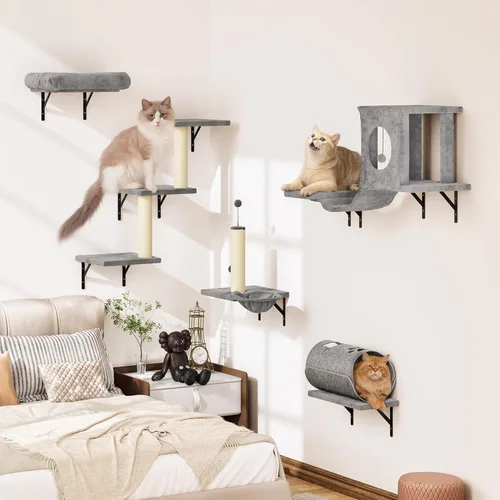 Miniatura 9 de NUNU LAB Juego de muebles para gatos montados en la pared, juego de 6 piezas para escalar con casa, puente, escalones, tabla rascadora - Paredes