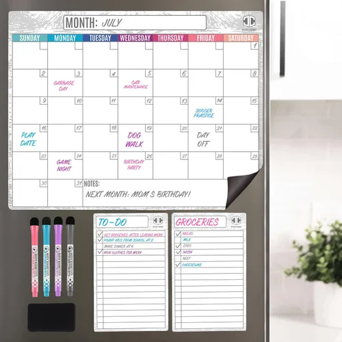 Calendario magnético de borrado en seco para refrigerador 16.5x13; 2 blocs de notas anchos; 4 marcadores; borrador - Calendario mensual para
