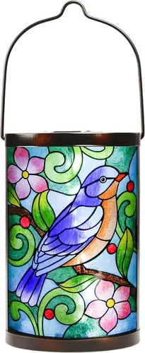 Miniatura 9 de Farol solar para exteriores, impermeable, colgante, luces solares de cristal de pájaro azul, faroles decorativos para exteriores, patio, césped