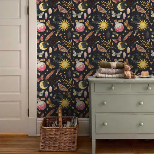 Miniatura 3 de Papel Tapiz Negro Azul Marino Fantástico Sueño Mágico Sol Luna Mariposa Hongos Estrellas de Cristal para Despegar y Pegar Papel de Contacto Adhesivo