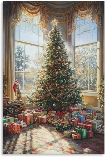 Árbol De Navidad Vintage Con Regalos, Decoración De Pared De Invierno, Póster De Pintura De Ventana De Vacaciones, Arte De Pared, Decoración De Casa