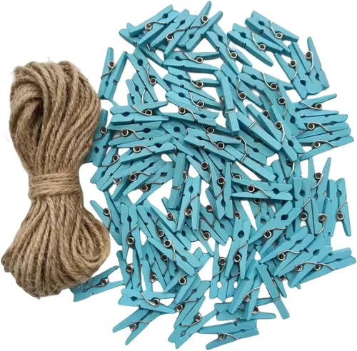 Miniatura 9 de Alfileres de ropa en miniatura para manualidades, adornos de decoración de Navidad, clips pequeños con cordel de yute rosa, paquete de 100