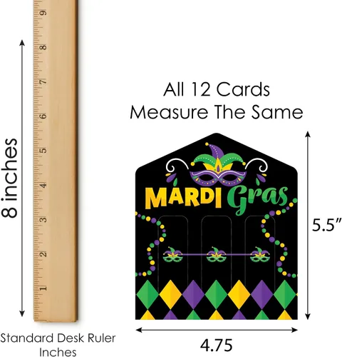 Miniatura 5 de Big Dot of Happiness Máscara colorida de Mardi Gras – Juego de tarjetas de pepinillo para fiesta de máscaras, pestañas de tracción 3 en una fila