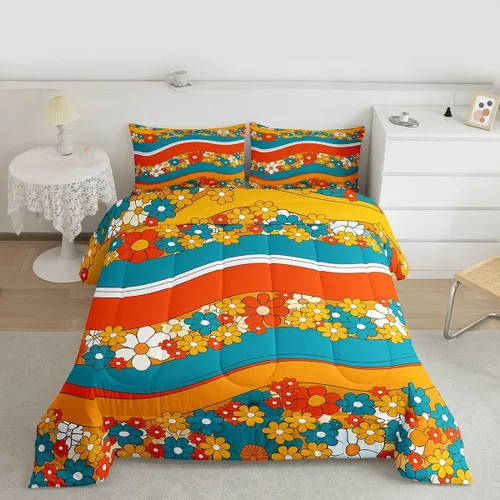 Feelyou Juego de edredón retro de flores hippie para niñas y niños de los años 60S y 70S, edredón Groovy decorativo vintage con ondas de arco iris,