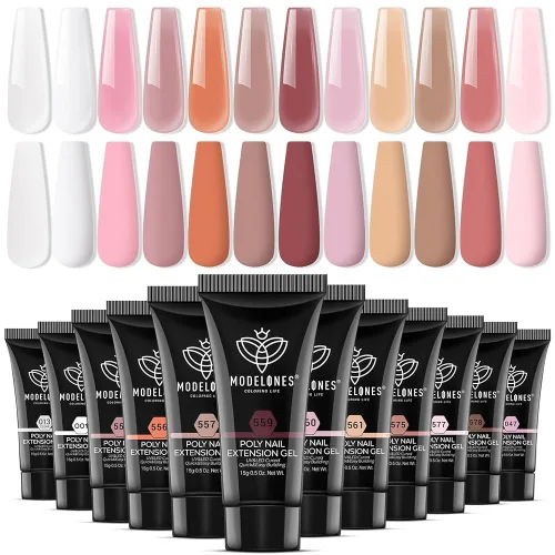 Miniatura 13 de modelones Kit de gel de extensión de polivinílico de 12 colores, juego de uñas de poliéster para todas las estaciones, colores nude, rosa, azul
