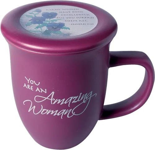 Amazing Woman - Taza y portavasos, tapa de cerámica, taza grande de café o té de 14 onzas, color morado oscuro