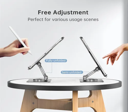 Miniatura 5 de Orlian Soporte para tablet con base giratoria de 360°, soporte ajustable de aluminio para tableta de doble varilla para escritorio, compatible
