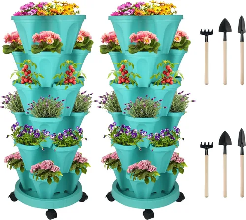 Miniatura 26 de Macetas apilables de polipropileno DUNCHATY, de 5 niveles, verde pino, para interior/exterior, 29" de altura x 13.6" de diámetro 2-1 Paquete