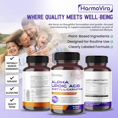 Miniatura 8 de Cápsulas de acetil-L-carnitina de ácido alfa lipoico con ubiquinol, curcumina y vitaminas B, apoyo diario para el bienestar