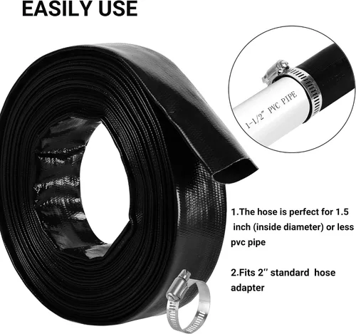 Miniatura 5 de Manguera de retrolavado de piscina de 2 pulgadas x 50 pies, manguera de descarga de agua plana de PVC reforzado de alta resistencia negra para bomba