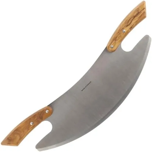 Cortador de pizza de 17 pulgadas, cortador de acero inoxidable con asas dobles de madera de olivo para un fácil corte, picadora grande Mezzaluna -