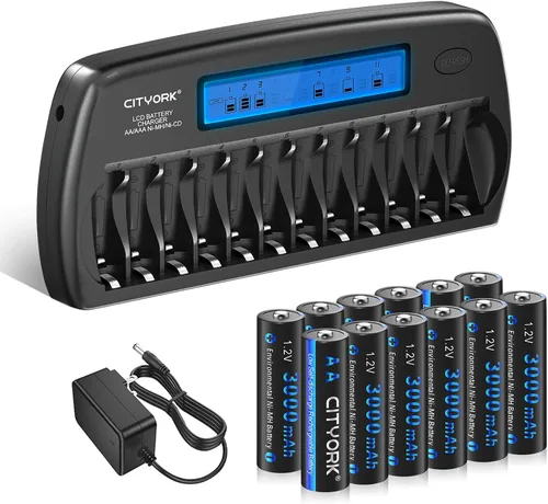 CITYORK - Baterías AA recargables con cargador, paquete de 12 baterías de 3000 mAh doble A Ni-MH de baja autodescarga con cargador LCD de 12 bahías