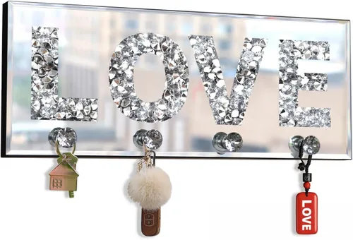 Miniatura 9 de Crushed Diamond Mirrored FAMILY - Letrero de placa de letras de espejo plateado de 15 pulgadas con 4 ganchos acrílicos de cristal, colgador