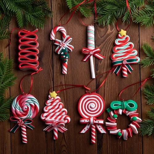 Miniatura 4 de codree 8 piezas Adornos colgantes de piruleta de Navidad - Adornos de caramelo para árbol de Navidad - Adorno de arcilla polimérica de caramelo