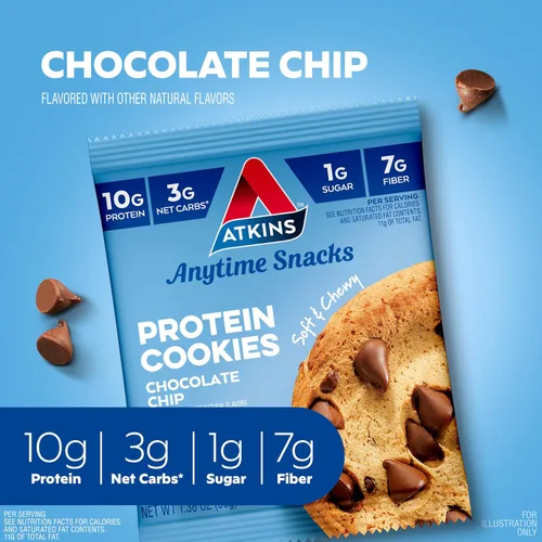 Miniatura 2 de Atkins Galleta de proteína con chispas de chocolate, postre proteico, rico en fibra, 0.11 onzas de carbohidratos netos, 0.04 oz de azúcar, apto