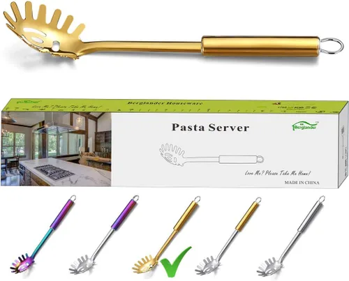 Berglander Tenedor de pasta, servidor de pasta de acero inoxidable dorado, cuchara de espagueti, servidor de espagueti dorado con chapado de
