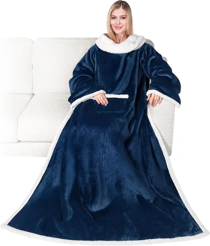 Miniatura 23 de PAVILIA Manta de forro polar con mangas para mujeres y hombres adultos, manta portátil cálida y suave, acogedora con bolsillo para abrazarse, manta