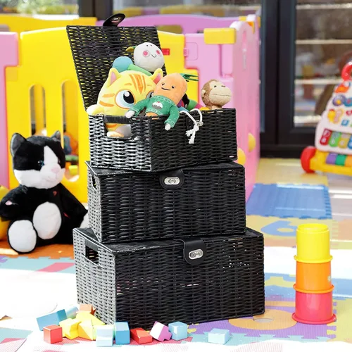 Miniatura 2 de Honygebia - Canastas de almacenamiento de mimbre negro - Juego de 3 cajas decorativas anidadas con tapas, canasta tejida con cerradura y asa