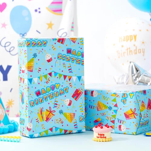 Miniatura 8 de PlandRichW Papel de regalo de cumpleaños, 4 divertidos diseños de fiesta, globos, arcoíris, cupcakes, confeti, plegado de 20 x 29 pulgadas, 12