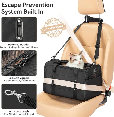 Miniatura 3 de PETSFIT Transportador de gatos de lados suaves con hebillas de seguridad patentadas, cremalleras bloqueables y correa de seguridad, transportador
