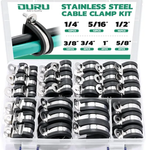 OURU 68 piezas Kit de surtido de abrazaderas de cable, 7 tamaños Abrazaderas de cable con revestimiento de goma de acero inoxidable acolchadas y