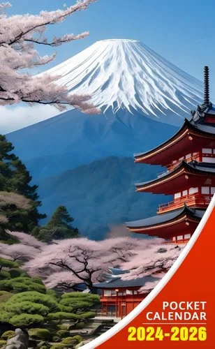 Pocket Calendar 2024 - 2026: Three-Year Monthly Planner for Purse , 36 Months from January 2024 to December 2026 | Japan Fuji | Temple Tapa