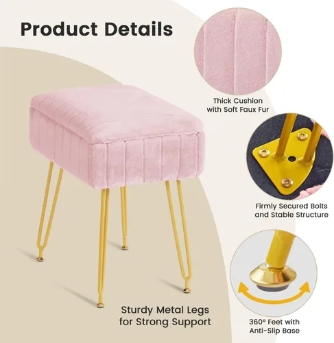 Miniatura 7 de FUXA Taburete de tocador con almacenamiento, silla de maquillaje de piel sintética con 4 patas de metal y pies antideslizantes, asiento acolchado