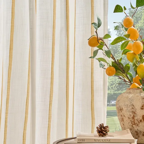 Miniatura 27 de Vangao Cortinas de lino a rayas para sala de estar, dormitorio, casa rural con estampado de rayas de tictac, cortinas impresas con ojales