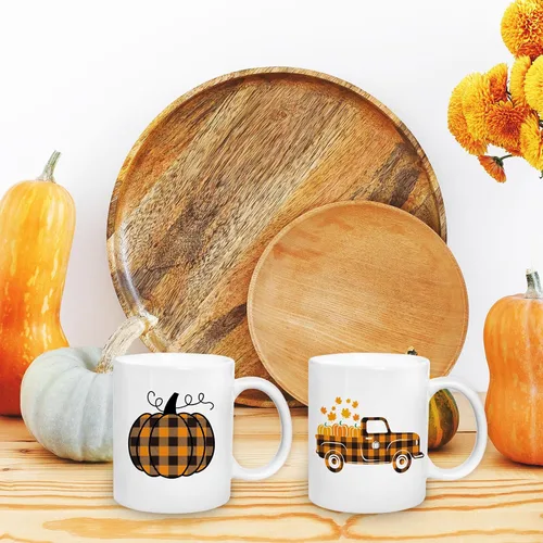 Miniatura 7 de Whaline 2 tazas de café de otoño de 12 onzas con diseño de búfalo a cuadros, calabaza, camión, tazas de café de cerámica para parejas, Acción