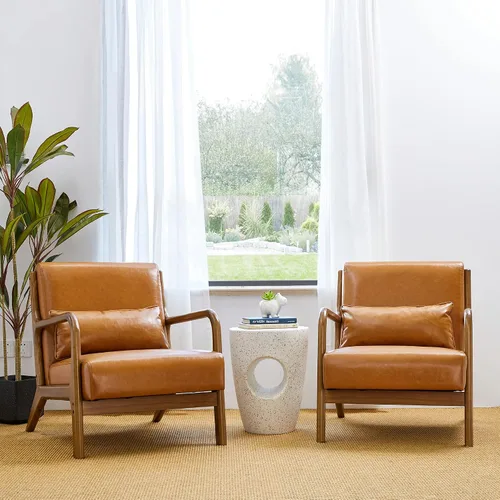 Miniatura 19 de Glitzhome Sillón Accent de mediados de siglo en verde cazador, sillón de lectura individual de cuero PU con marco de nogal y ruberwood Pu verde.